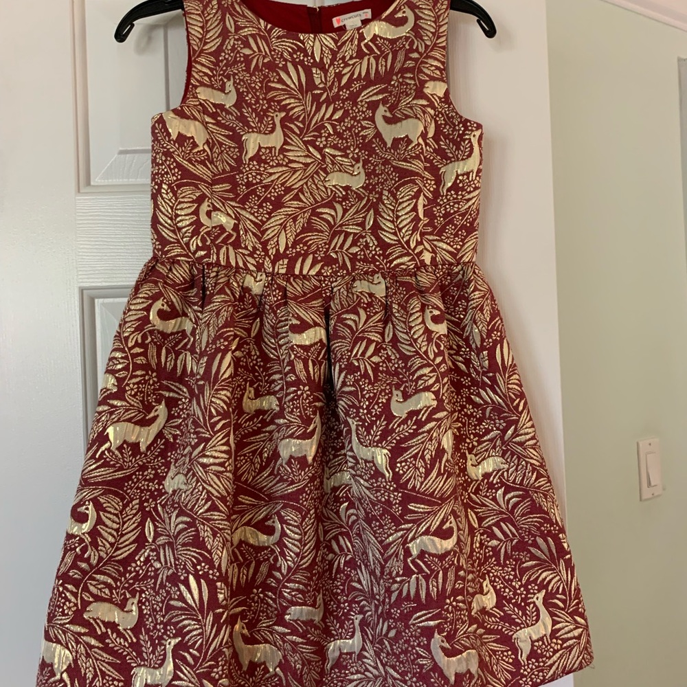 Girls J Crew Red & Gold Embossed Dress, Size 8